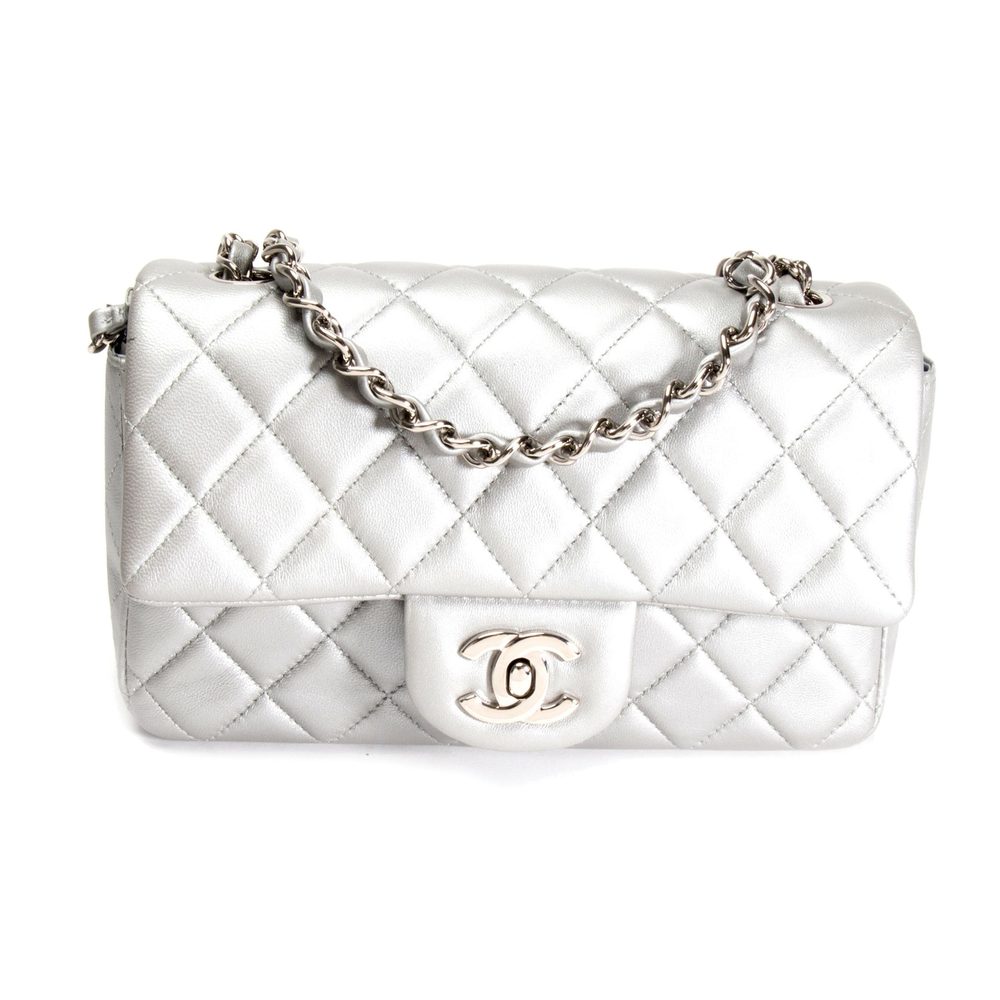 Chanel Silver Quilted Lambskin New Mini Classic Flap Bag